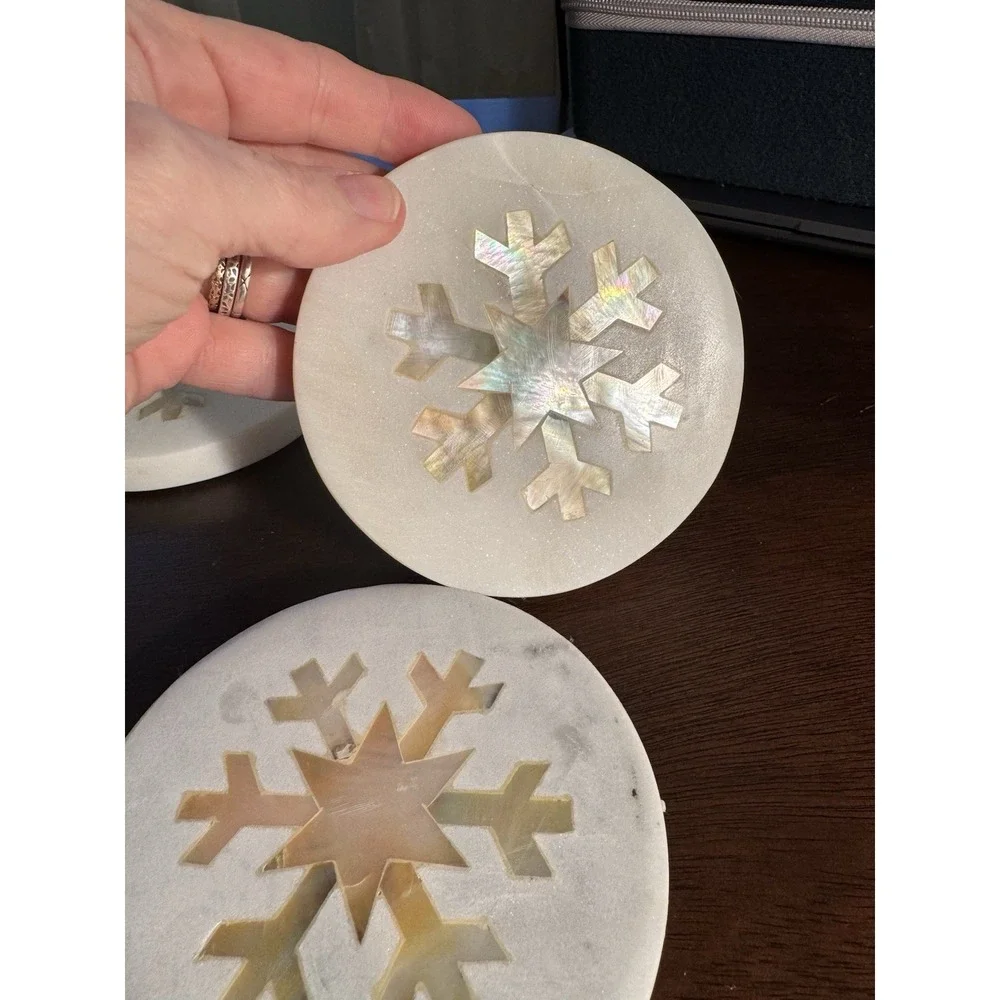 Marble Coasters - Mother of Pearl Snowflake Inlay - Set of 4 Christmas Holiday